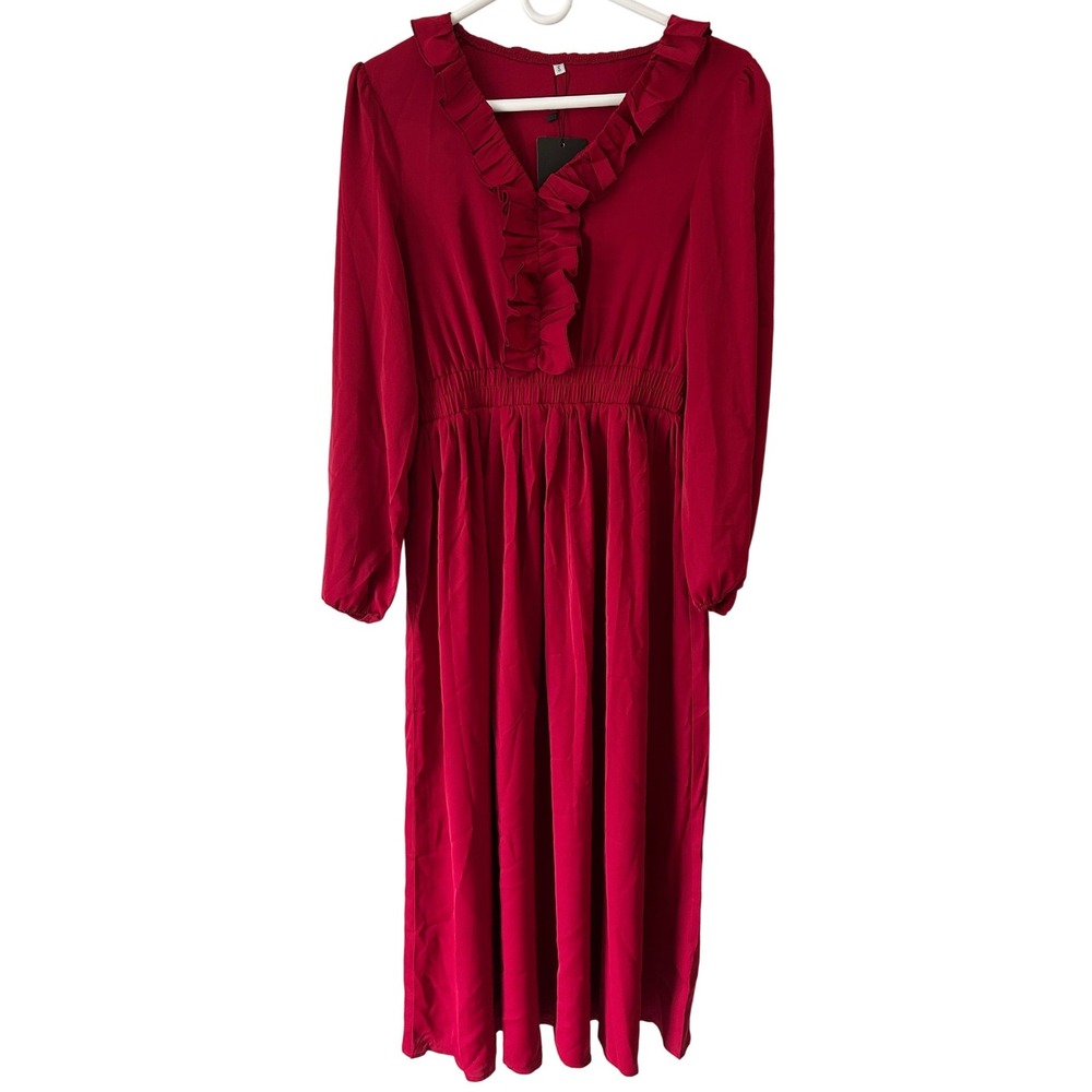 Kohl's Solid Red Long Sleeved Maxi Dress Smocked Waist Elastic Cuff Womens S NWT